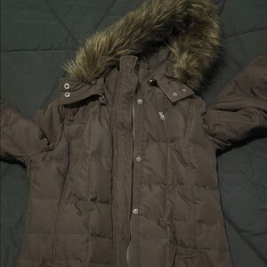 Abercrombie & Fitch Dark Brown Puffer Jacket with Faux Fur Hood
